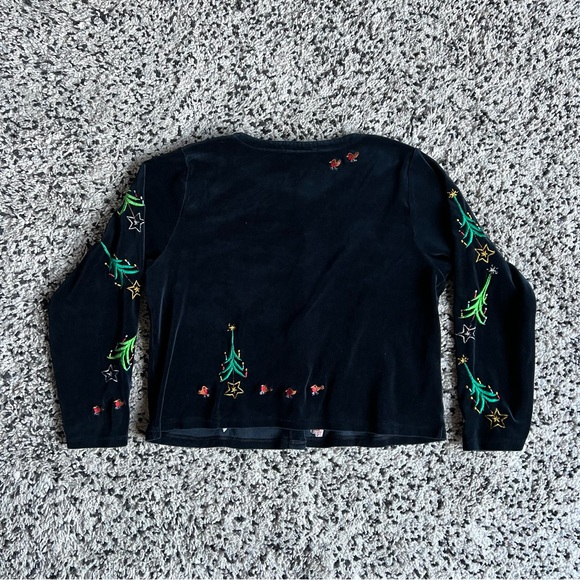 Michael Simon Lite Christmas Cardigan Black Green Embroidered Trees Women’s L - Picture 5 of 16